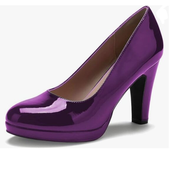 Miss left Purple Low Platform High Chunky Heels Slip On Closed Round Toe Pump - Picture 1 of 8